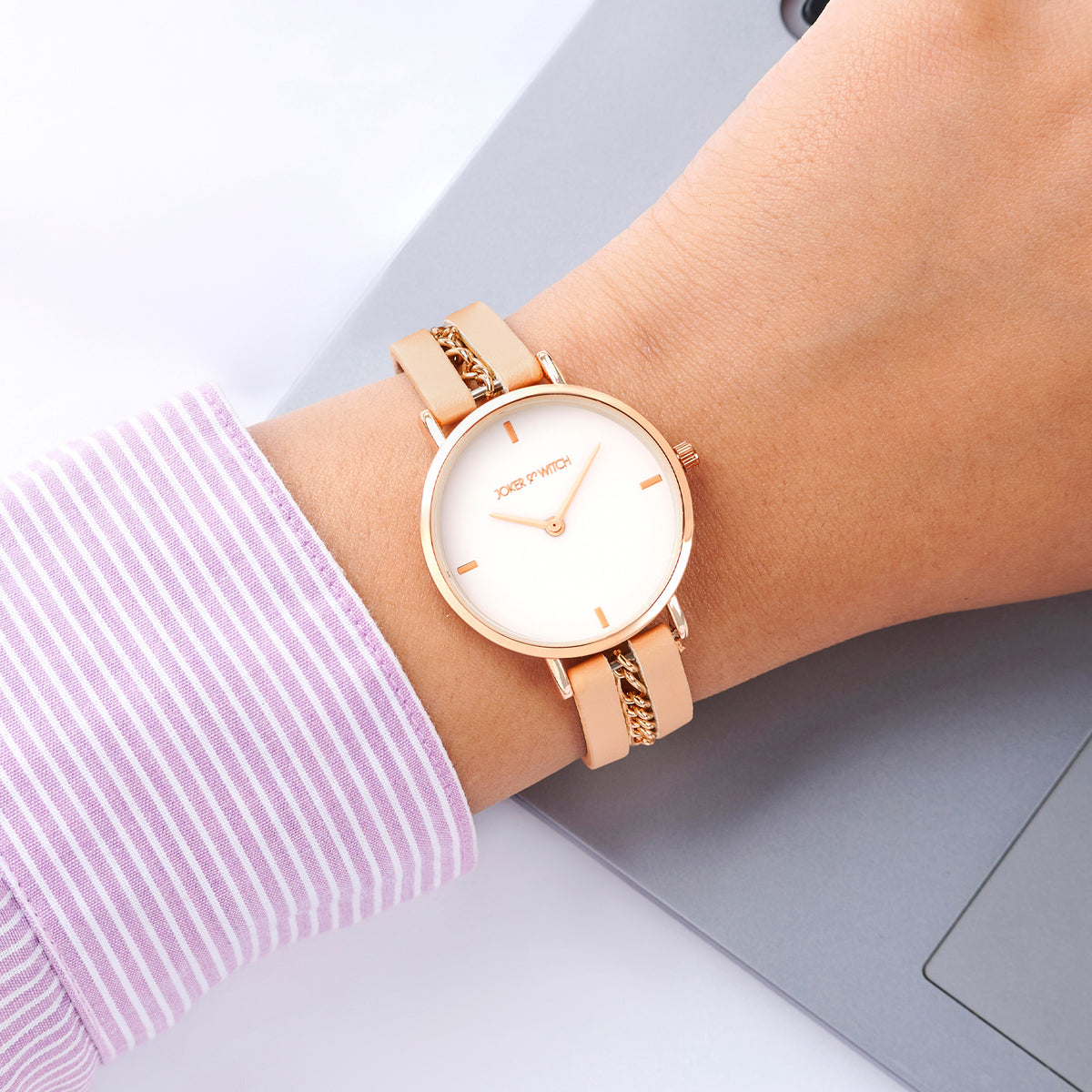 Kristina Rose Gold Watch Metal And Beige PU Mix Strap Watch