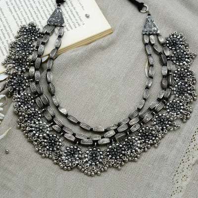 Anurima Floral Silver Oxidized Layered Necklace - Joker & Witch