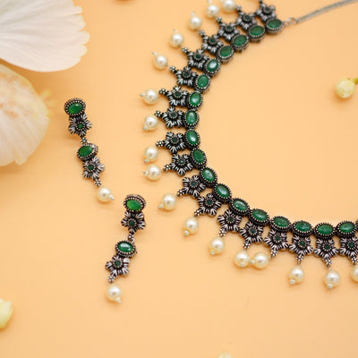 Ekladh Green Stone Silver Pearl Necklace Set - Joker & Witch