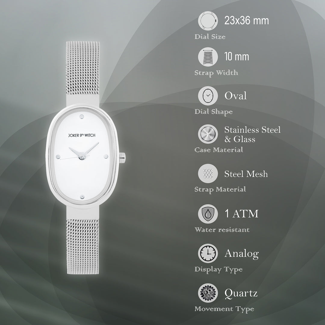 Enola White Small Oval Dial Silver Mesh Strap Women's Watch