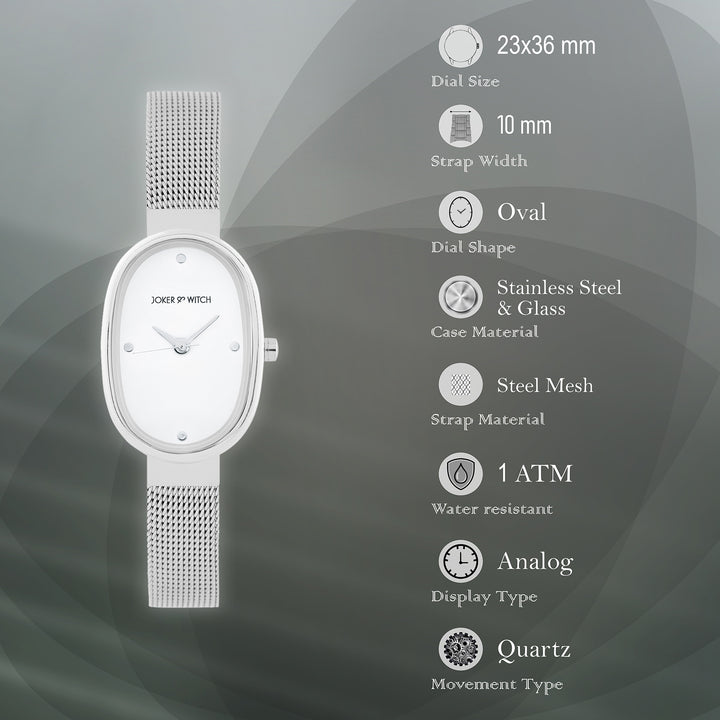 Enola White Small Oval Dial Silver Mesh Strap Women's Watch