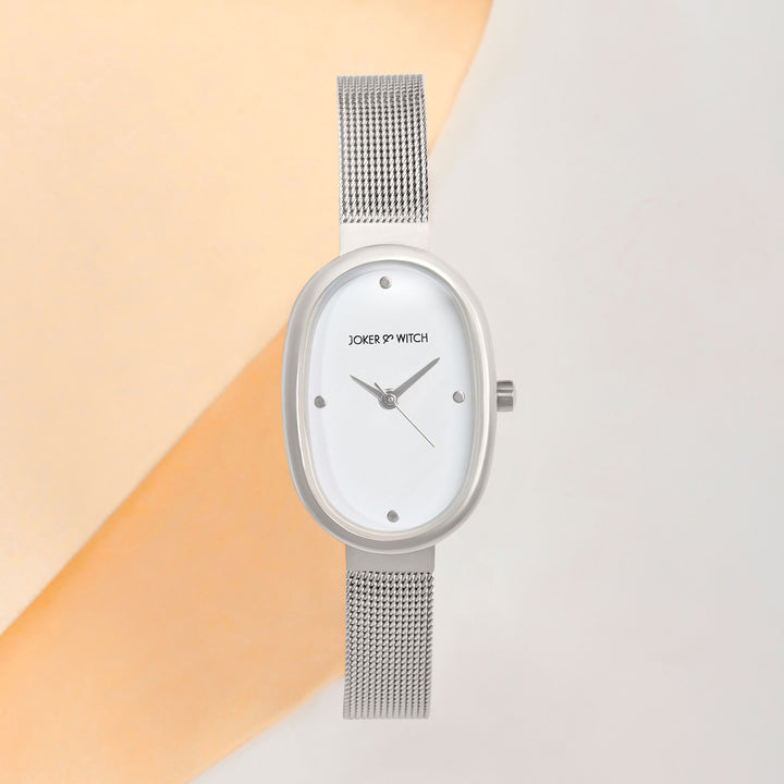 Enola White Small Oval Dial Silver Mesh Strap Women's Watch