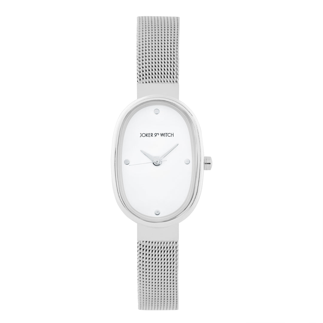 Enola White Small Oval Dial Silver Mesh Strap Women's Watch