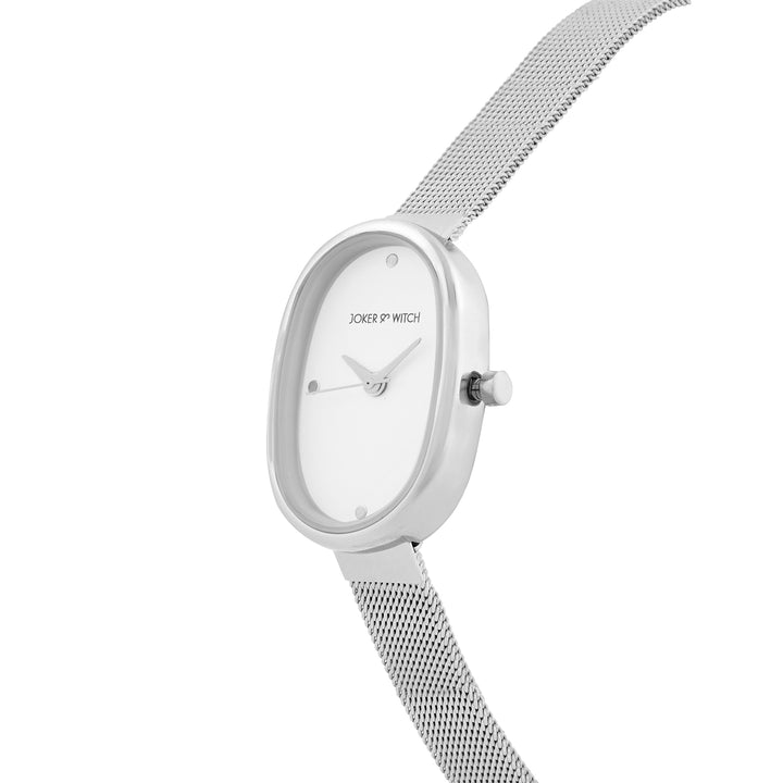 Enola White Small Oval Dial Silver Mesh Strap Women's Watch