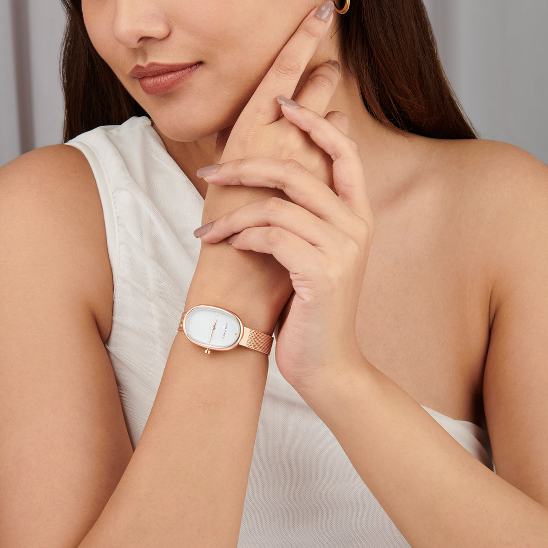 Enola White Small Oval Dial Rose Gold Mesh Strap Women's Watch