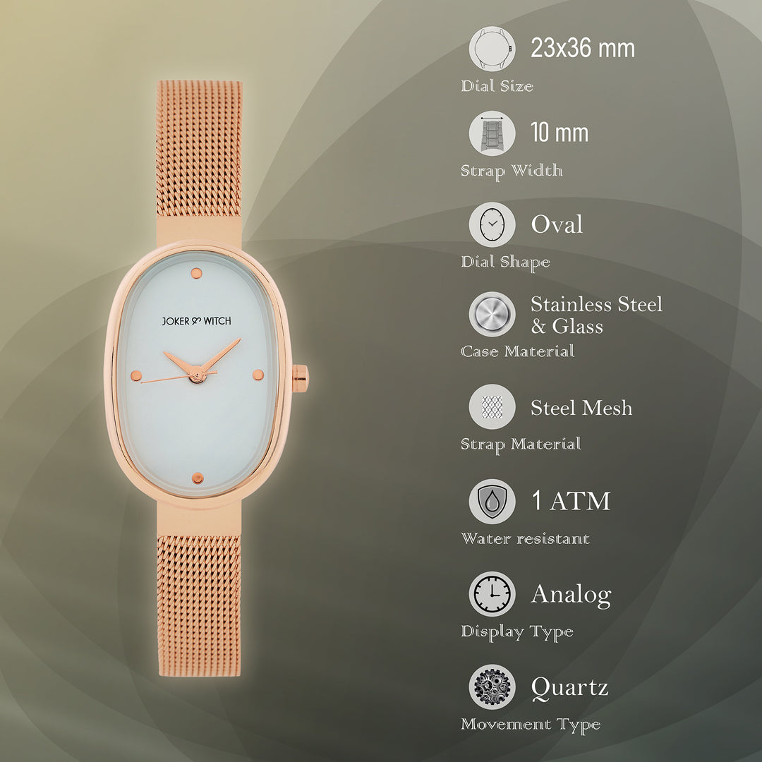 Enola White Small Oval Dial Rose Gold Mesh Strap Women's Watch