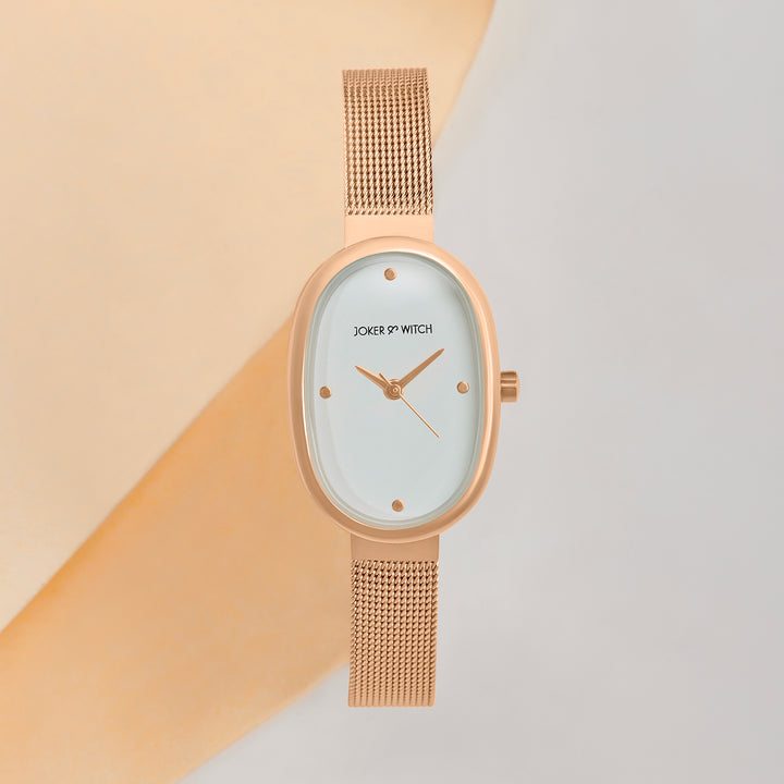 Enola White Small Oval Dial Rose Gold Mesh Strap Women's Watch