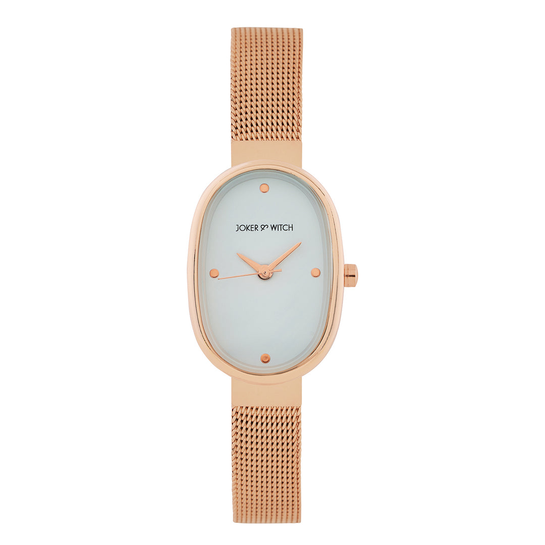 Enola White Small Oval Dial Rose Gold Mesh Strap Women's Watch