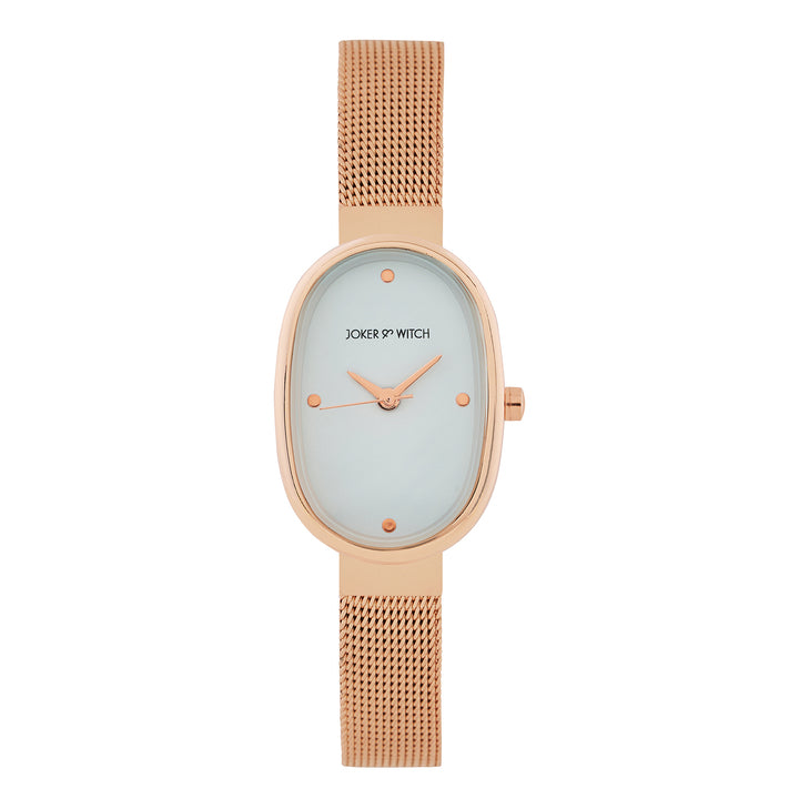 Enola White Small Oval Dial Rose Gold Mesh Strap Women's Watch