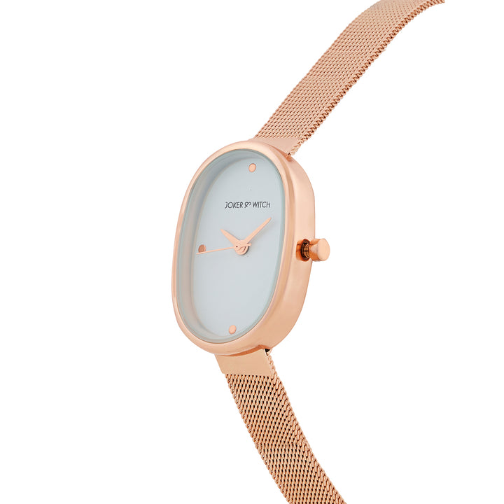 Enola White Small Oval Dial Rose Gold Mesh Strap Women's Watch
