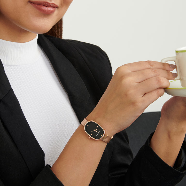 Enola Black Small Oval Dial Rose Gold Mesh Strap Women's Watch