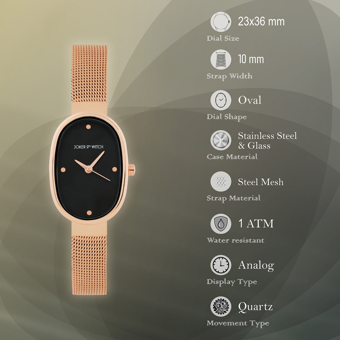 Enola Black Small Oval Dial Rose Gold Mesh Strap Women's Watch
