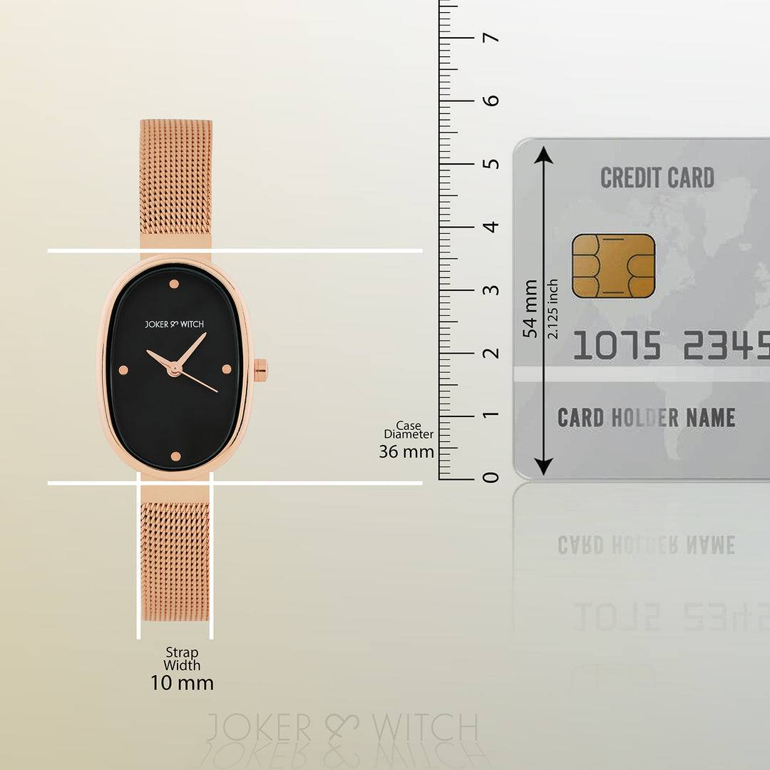 Enola Black Small Oval Dial Rose Gold Mesh Strap Women's Watch