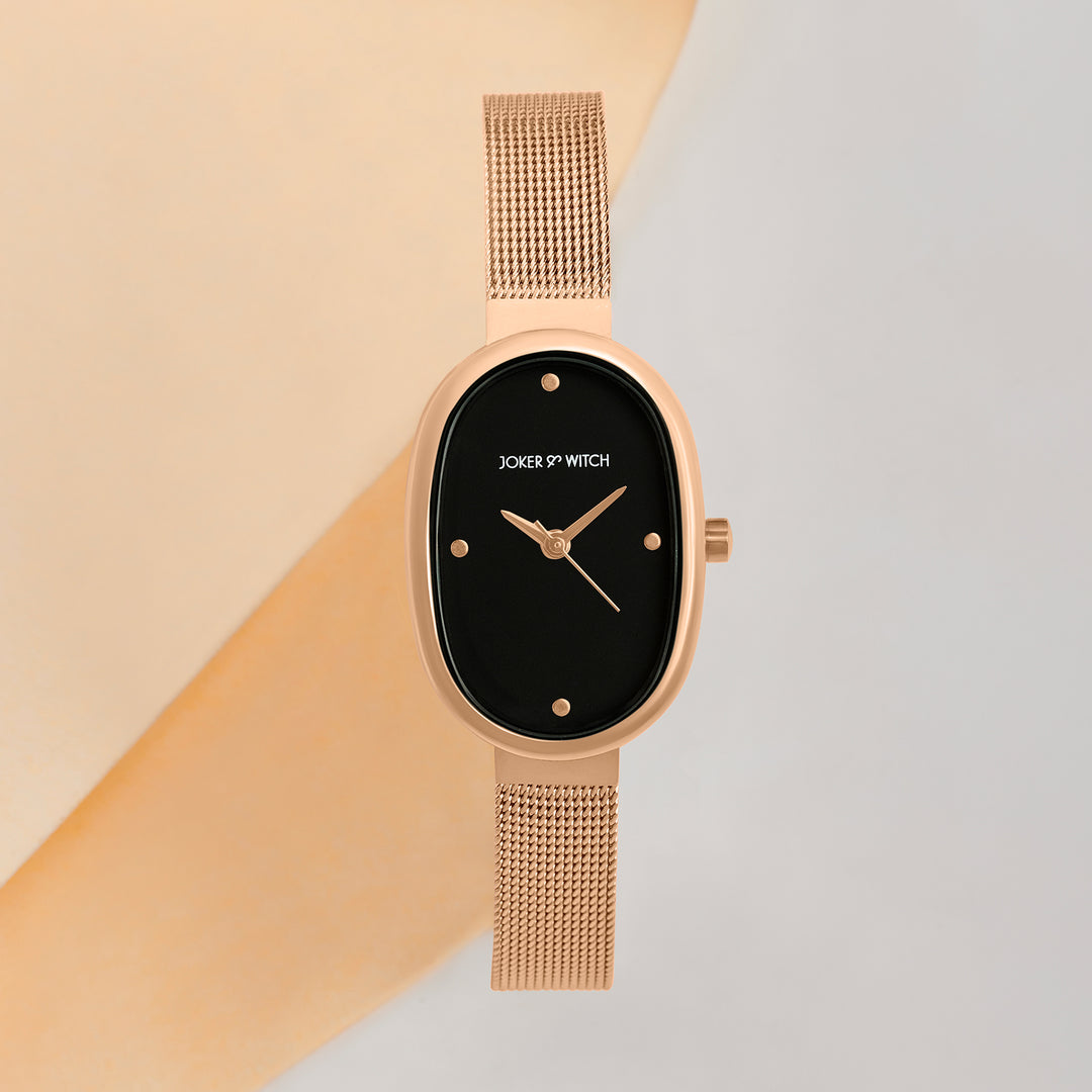 Enola Black Small Oval Dial Rose Gold Mesh Strap Women's Watch