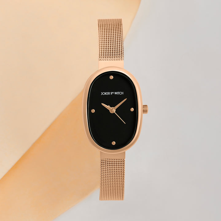 Enola Black Small Oval Dial Rose Gold Mesh Strap Women's Watch