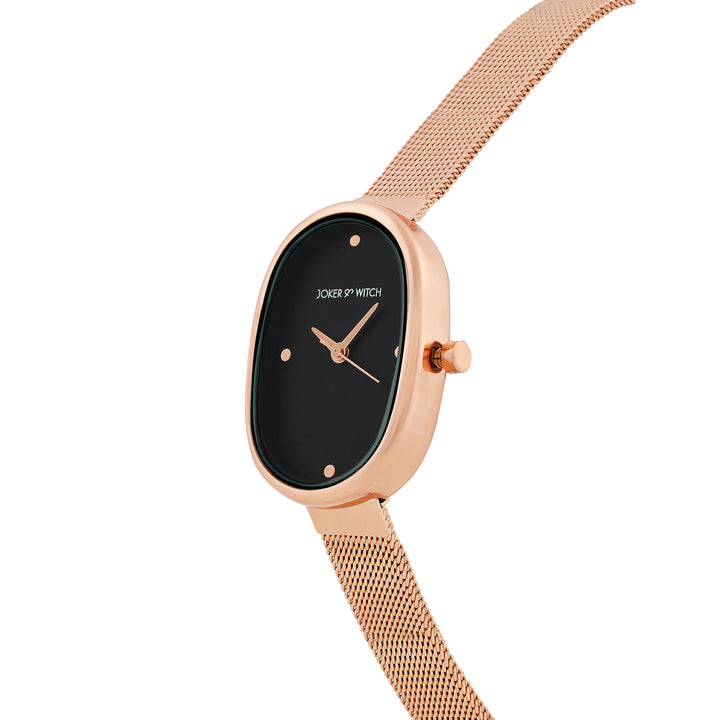 Enola Black Small Oval Dial Rose Gold Mesh Strap Women's Watch