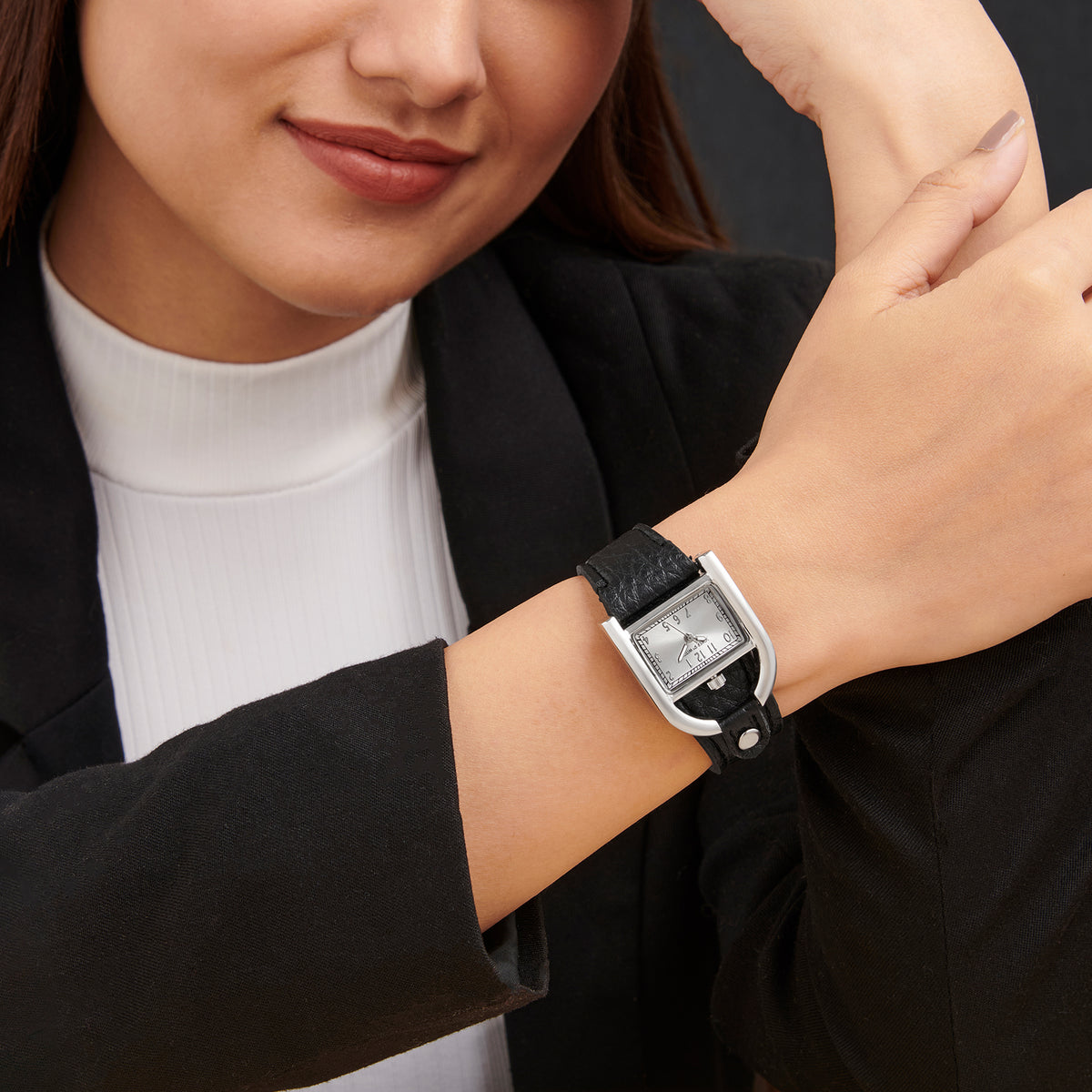 Shop Online Dara Rectangle Dial Silver Watch With Black PU Strap Watch ...