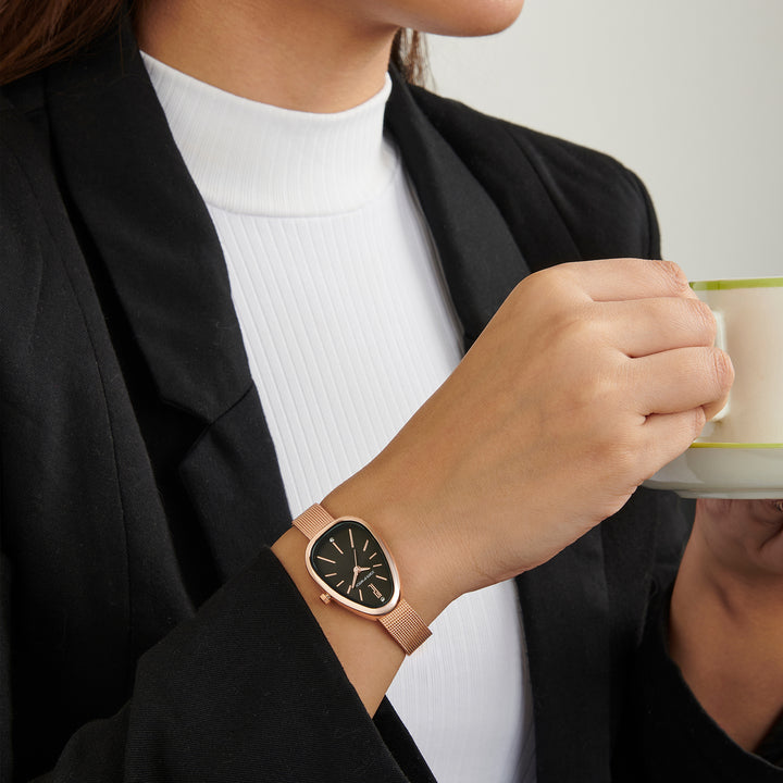 Maris Black Small Oval Dial Rose Gold Mesh Strap Women's Watch