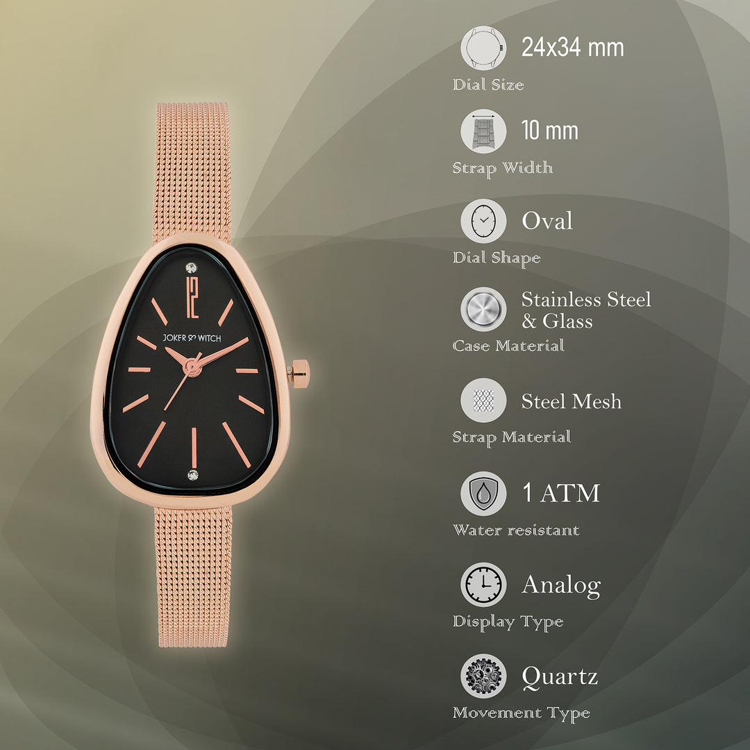 Maris Black Small Oval Dial Rose Gold Mesh Strap Women's Watch