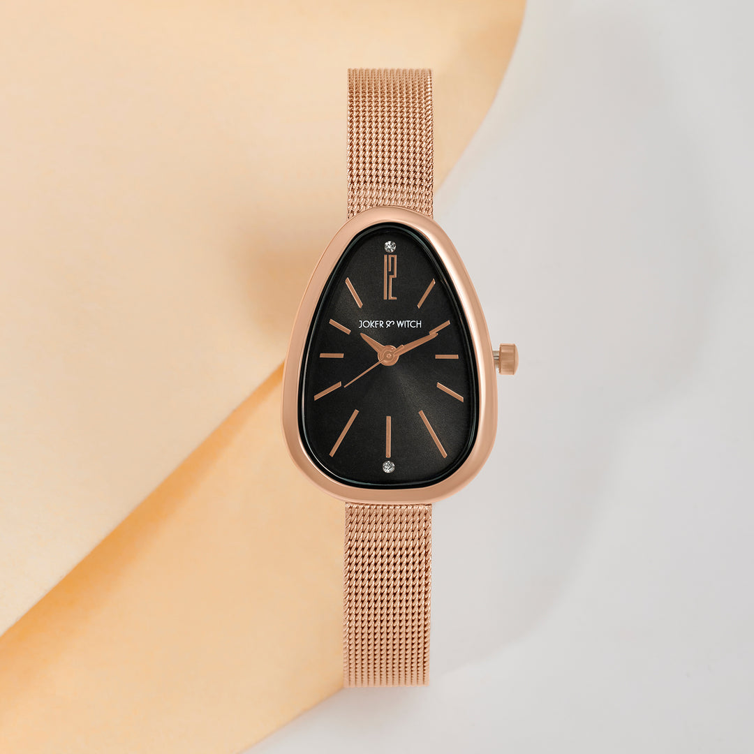 Maris Black Small Oval Dial Rose Gold Mesh Strap Women's Watch