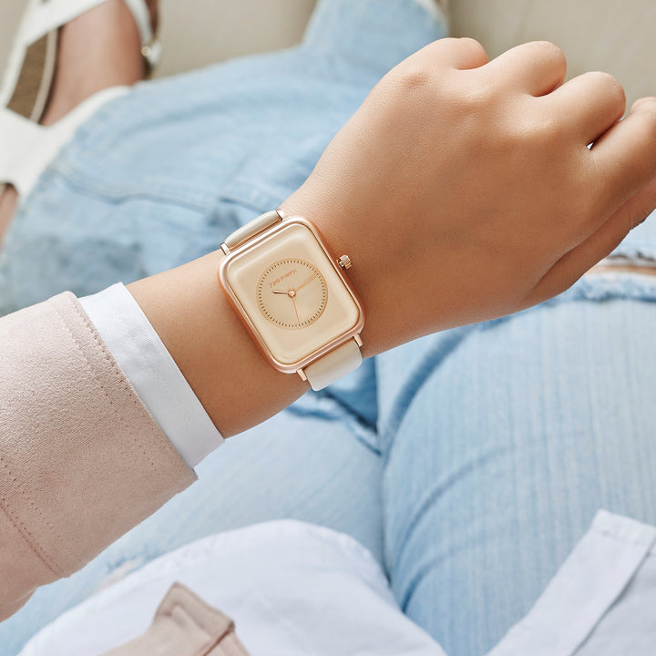 Utopia Beige Medium Rectangle Dial PU Strap Unisex Watch