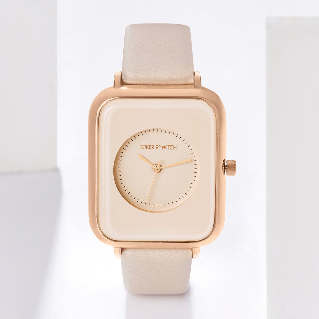 Utopia Beige Medium Rectangle Dial PU Strap Unisex Watch