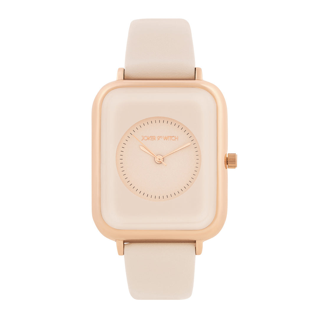 Utopia Beige Medium Rectangle Dial PU Strap Unisex Watch