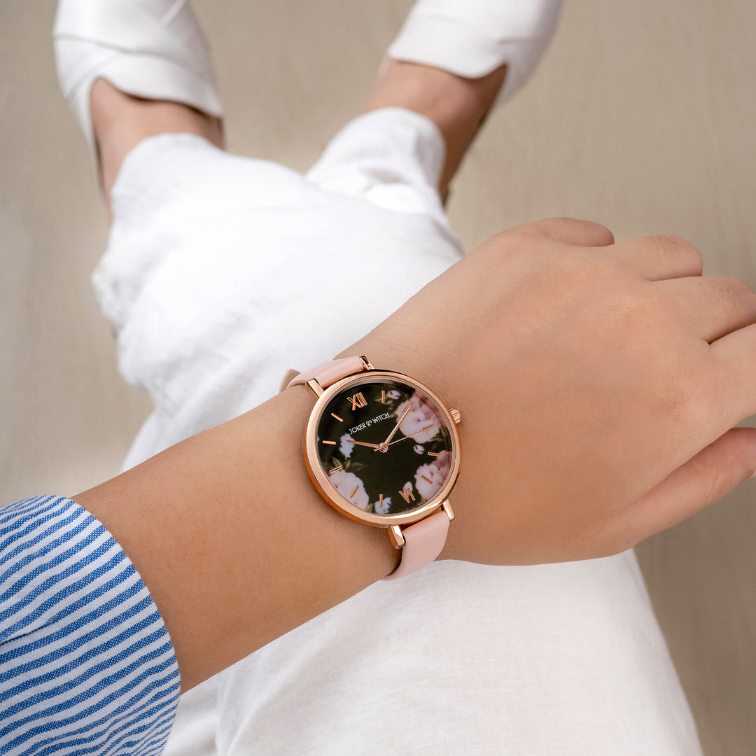 Fluer Black Large Dial Pink PU Strap Women's Watch