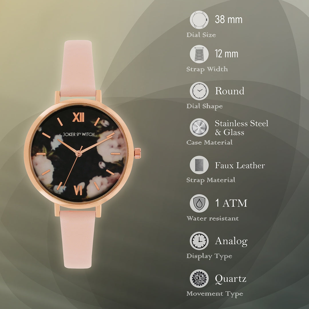 Fluer Black Large Dial Pink PU Strap Women's Watch