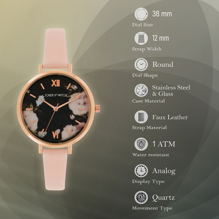 Fluer Black Large Dial Pink PU Strap Women's Watch