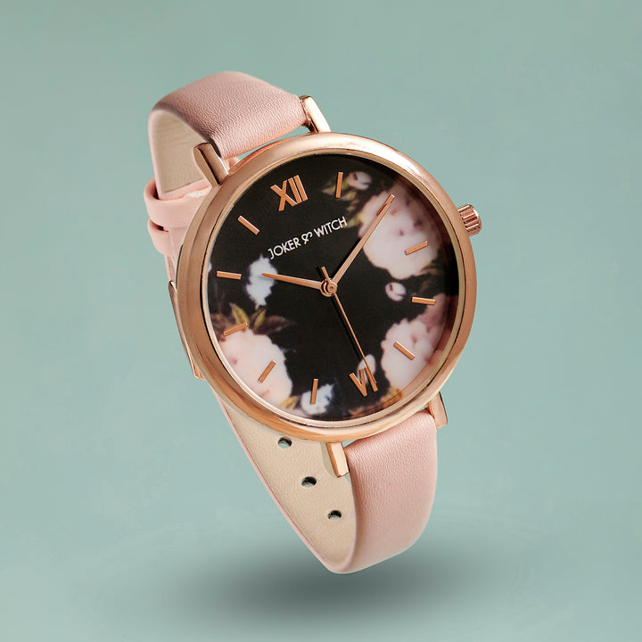 Fluer Black Large Dial Pink PU Strap Women's Watch