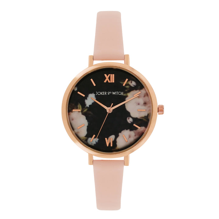 Fluer Black Large Dial Pink PU Strap Women's Watch