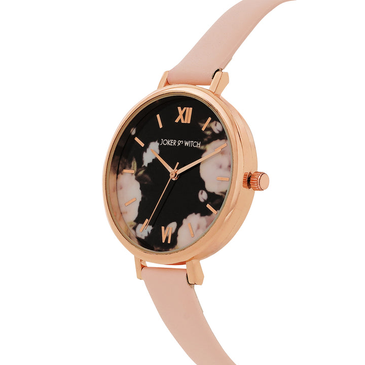 Fluer Black Large Dial Pink PU Strap Women's Watch
