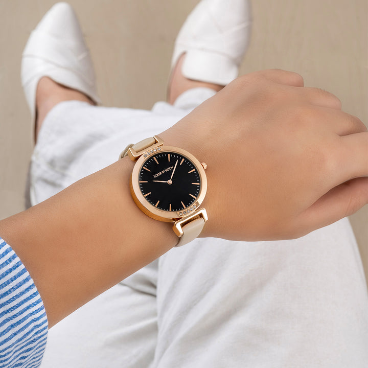 Petite Black Medium Dial Beige PU Strap Women's Watch