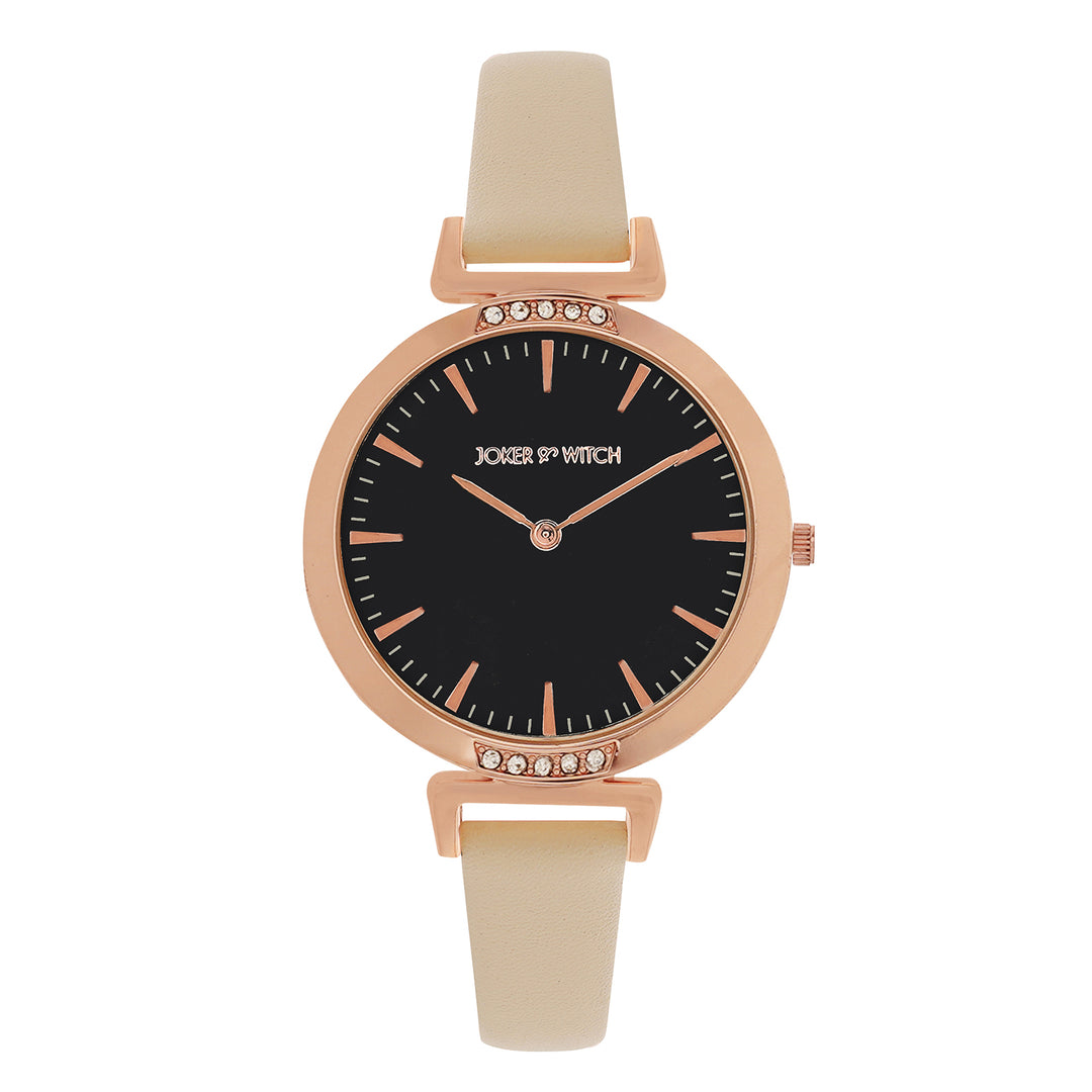 Petite Black Medium Dial Beige PU Strap Women's Watch