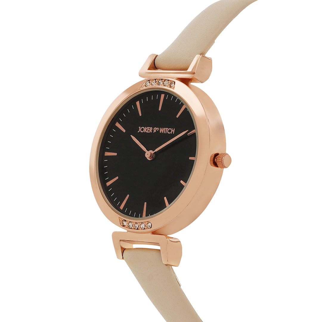 Petite Black Medium Dial Beige PU Strap Women's Watch