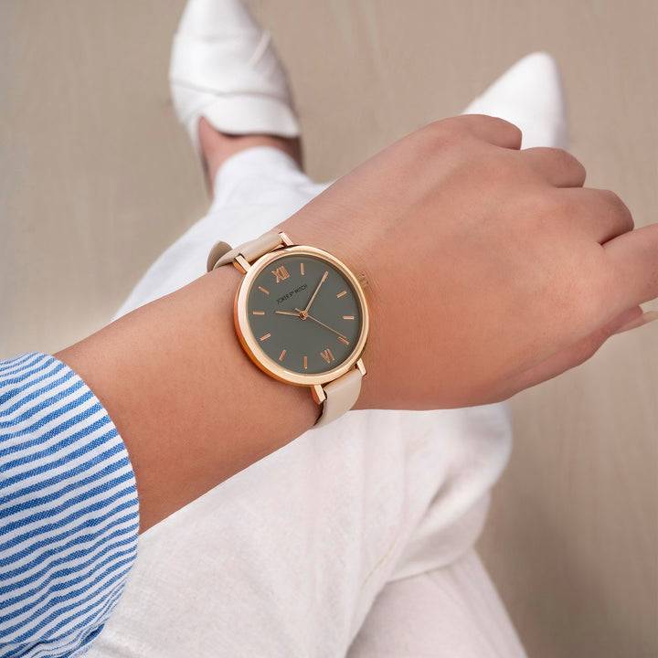 Agnes Grey Large Dial Beige PU Strap Women's Watch