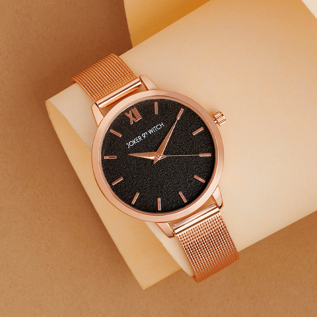 Kathy Black Medium Dial Rose Gold Mesh Strap Women's Watch