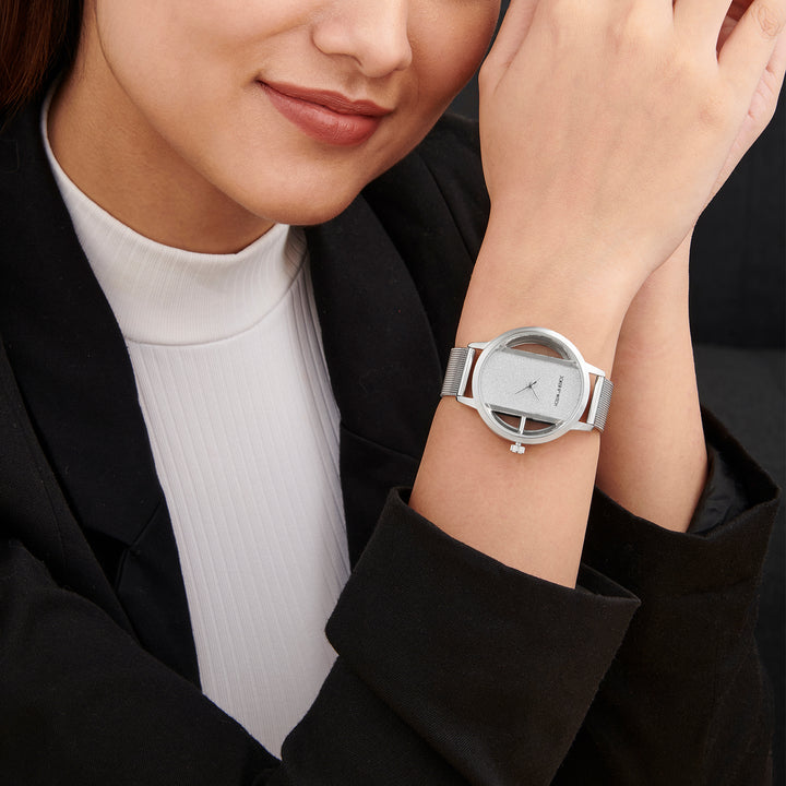 Futuristic Silver Large Glitter Dial Mesh Strap Women's Watch