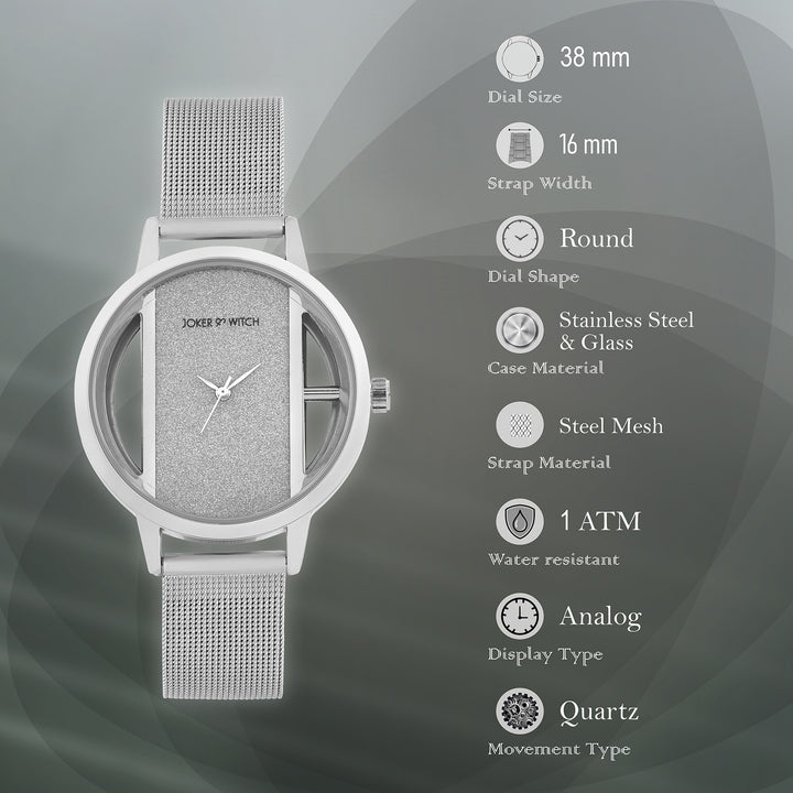 Futuristic Silver Large Glitter Dial Mesh Strap Women's Watch