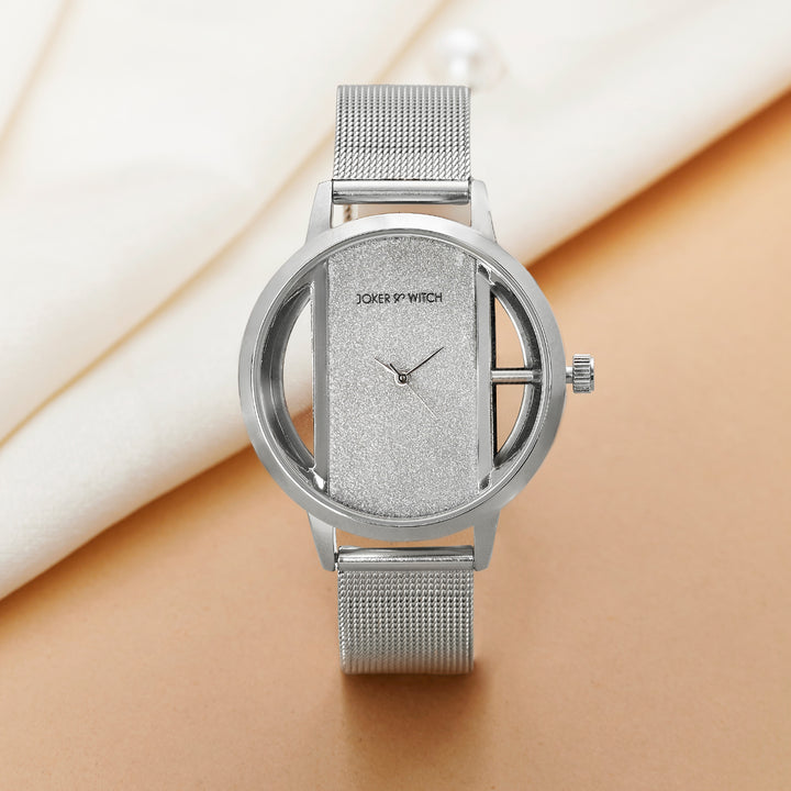 Futuristic Silver Large Glitter Dial Mesh Strap Women's Watch