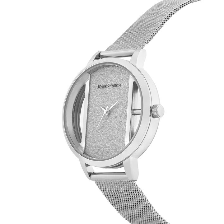 Futuristic Silver Large Glitter Dial Mesh Strap Women's Watch