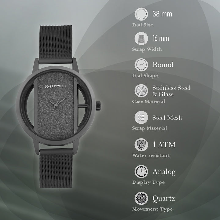 Futuristic Black Large Glitter Dial Mesh Strap Women's Watch