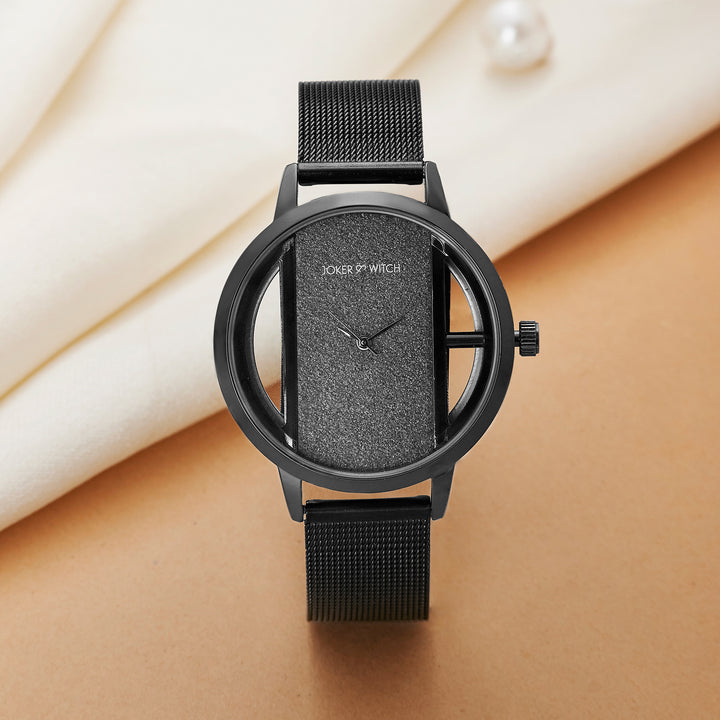 Futuristic Black Large Glitter Dial Mesh Strap Women's Watch