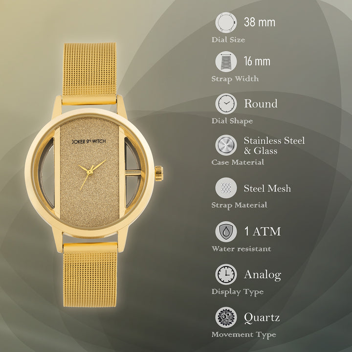 Futuristic Gold Large Glitter Dial Mesh Strap Women's Watch