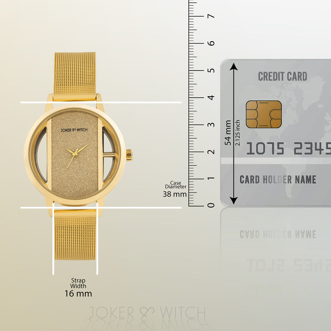 Futuristic Gold Large Glitter Dial Mesh Strap Women's Watch