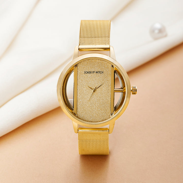 Futuristic Gold Large Glitter Dial Mesh Strap Women's Watch