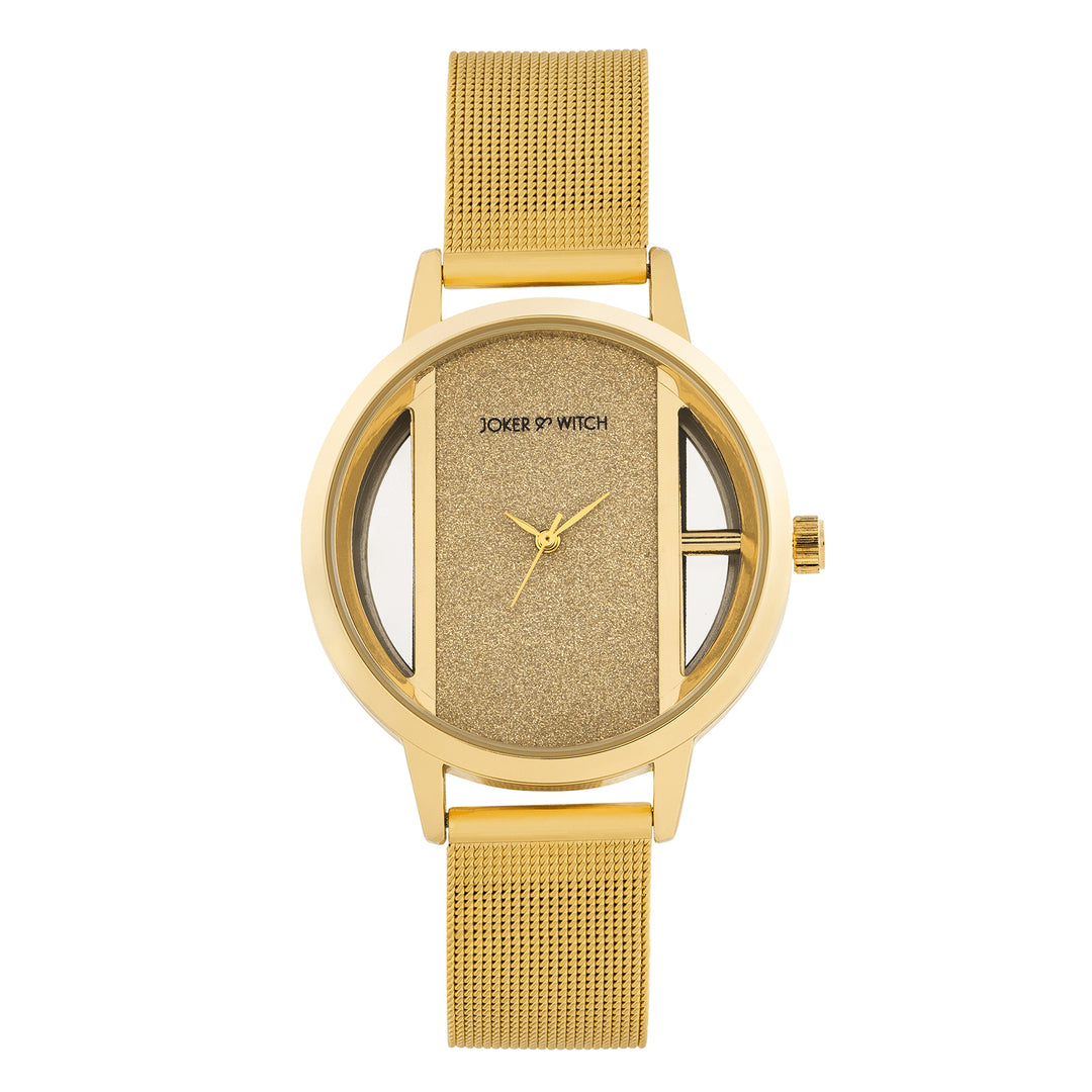 Futuristic Gold Large Glitter Dial Mesh Strap Women's Watch