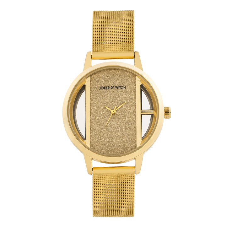 Futuristic Gold Large Glitter Dial Mesh Strap Women's Watch