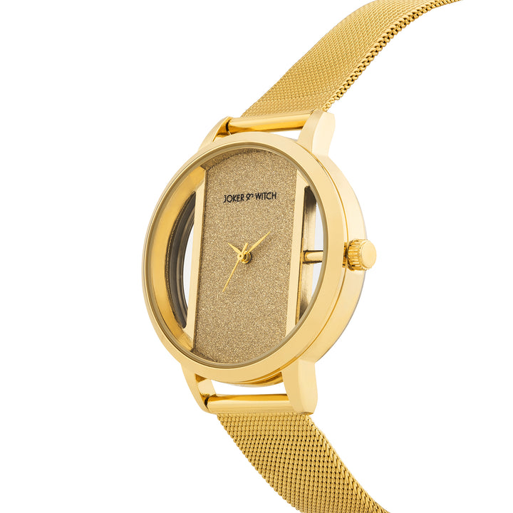 Futuristic Gold Large Glitter Dial Mesh Strap Women's Watch